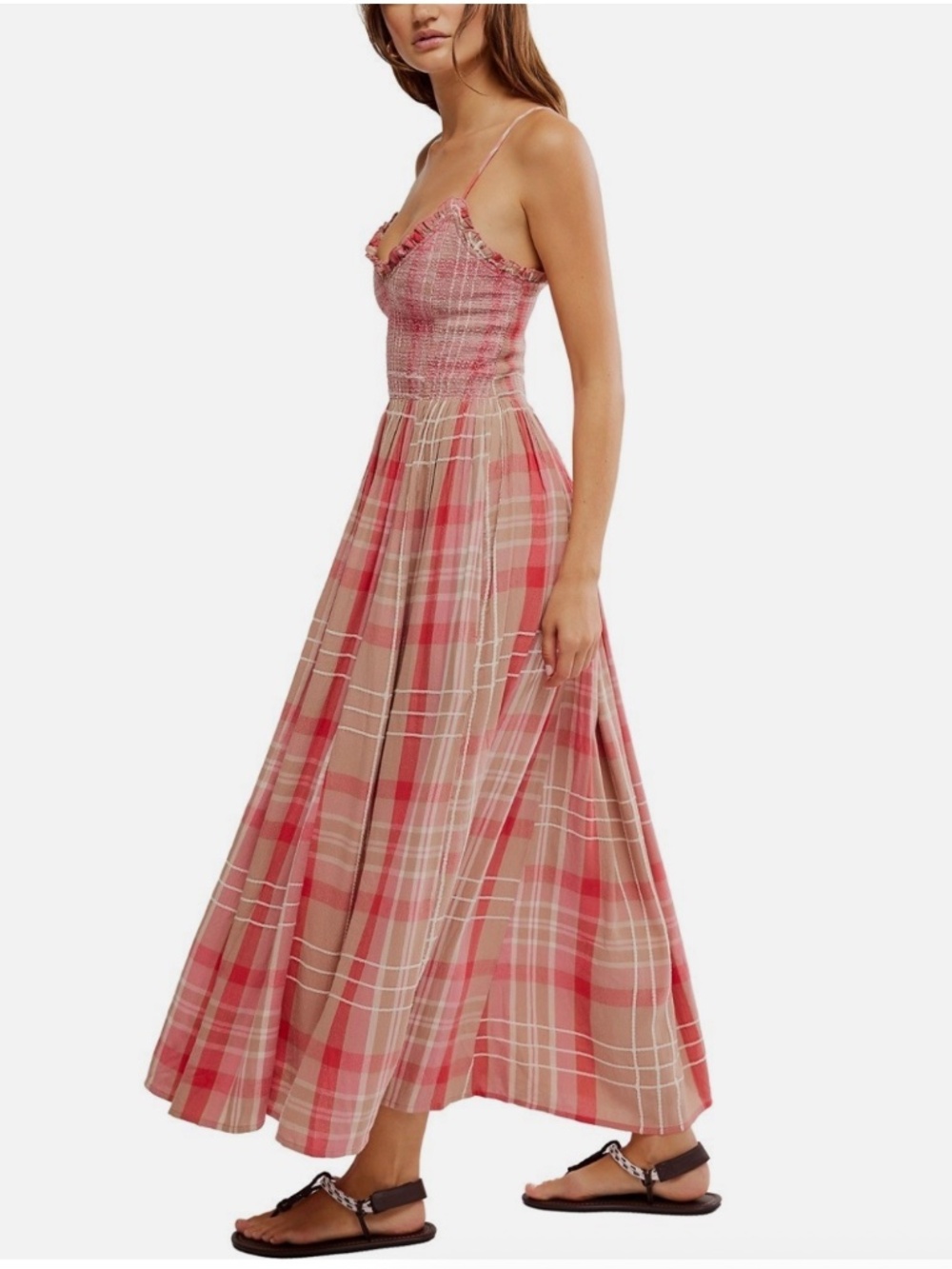 Free People Sweet Nothings Plaid Midi Dress Smocked Flowy Size Small - Picture 5 of 16